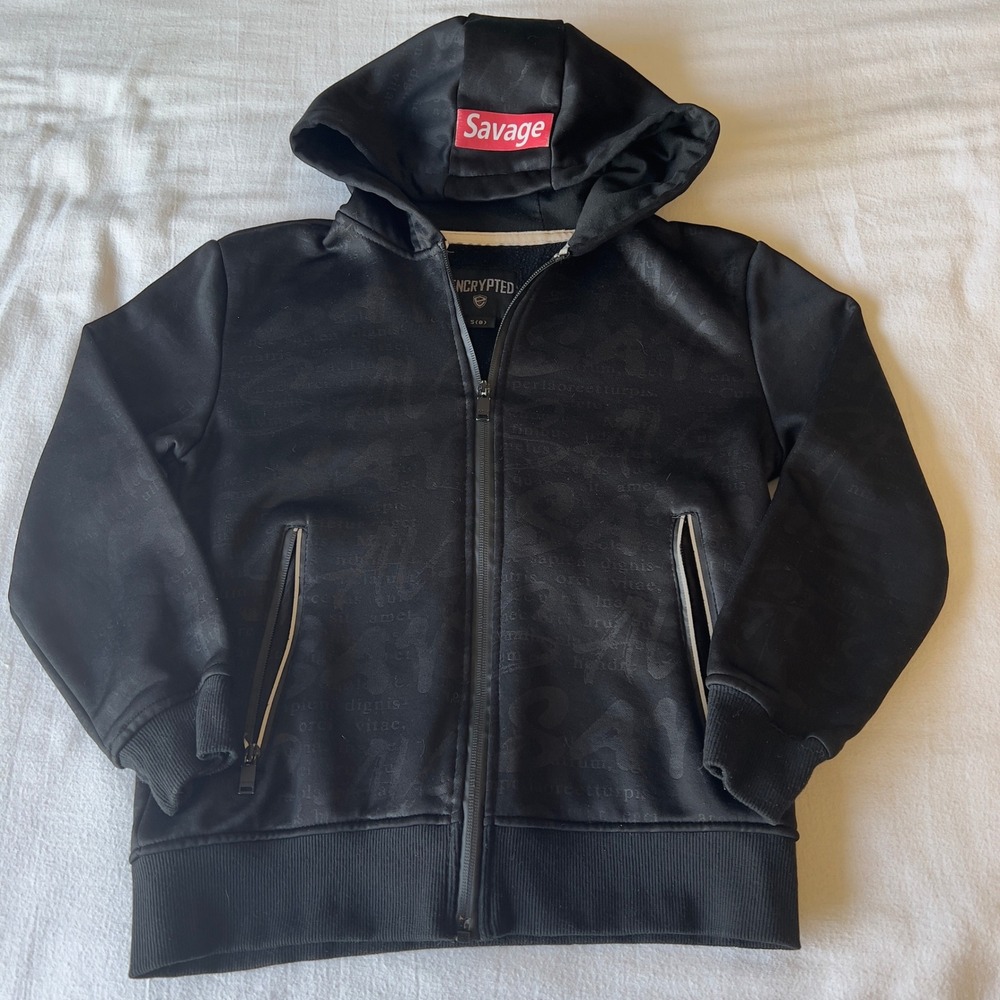 Encrypted Kids Savage Full Zip Hoodie Black Script Graphic Size S 8 Streetwear